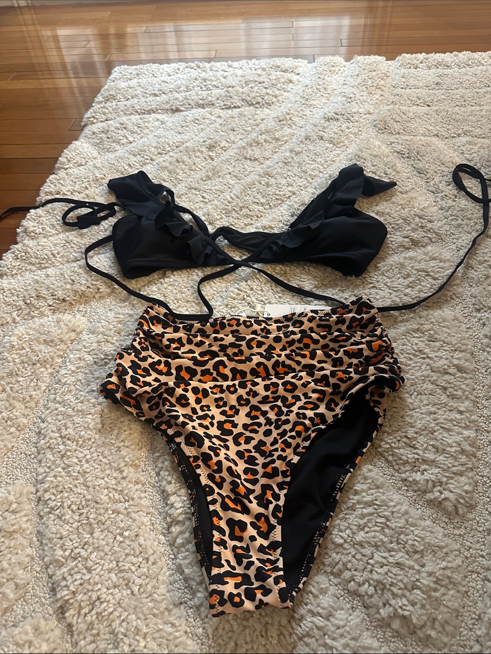 Cupshe Black Ruffle Top with Leopard Print High-Waist Bikini Bottom